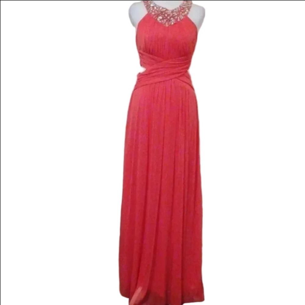 -- B Darlin Gorgeous coral color dress with beaded accent around the neckline